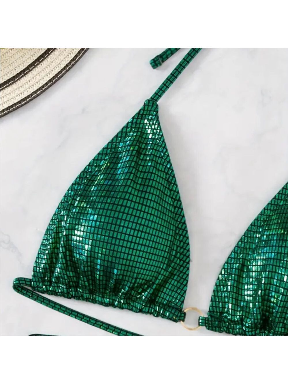 Green Metallic Halter Pearl Detail Bikini Set - Picture 4 of 10